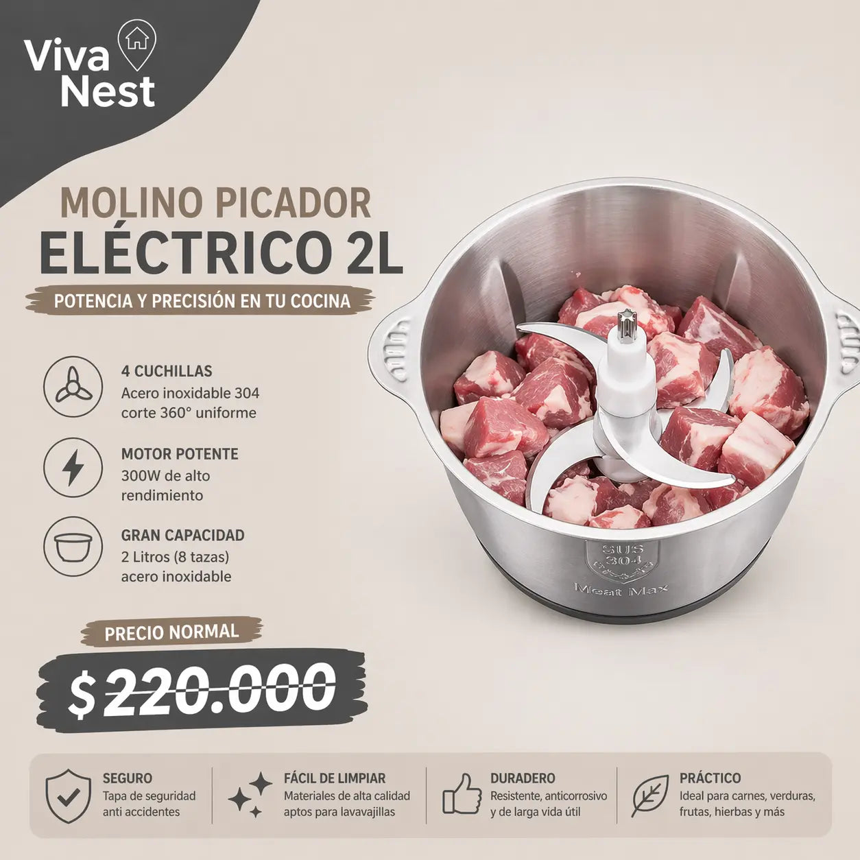 Molino Picadora De Carne Eléctrica 2 Lit