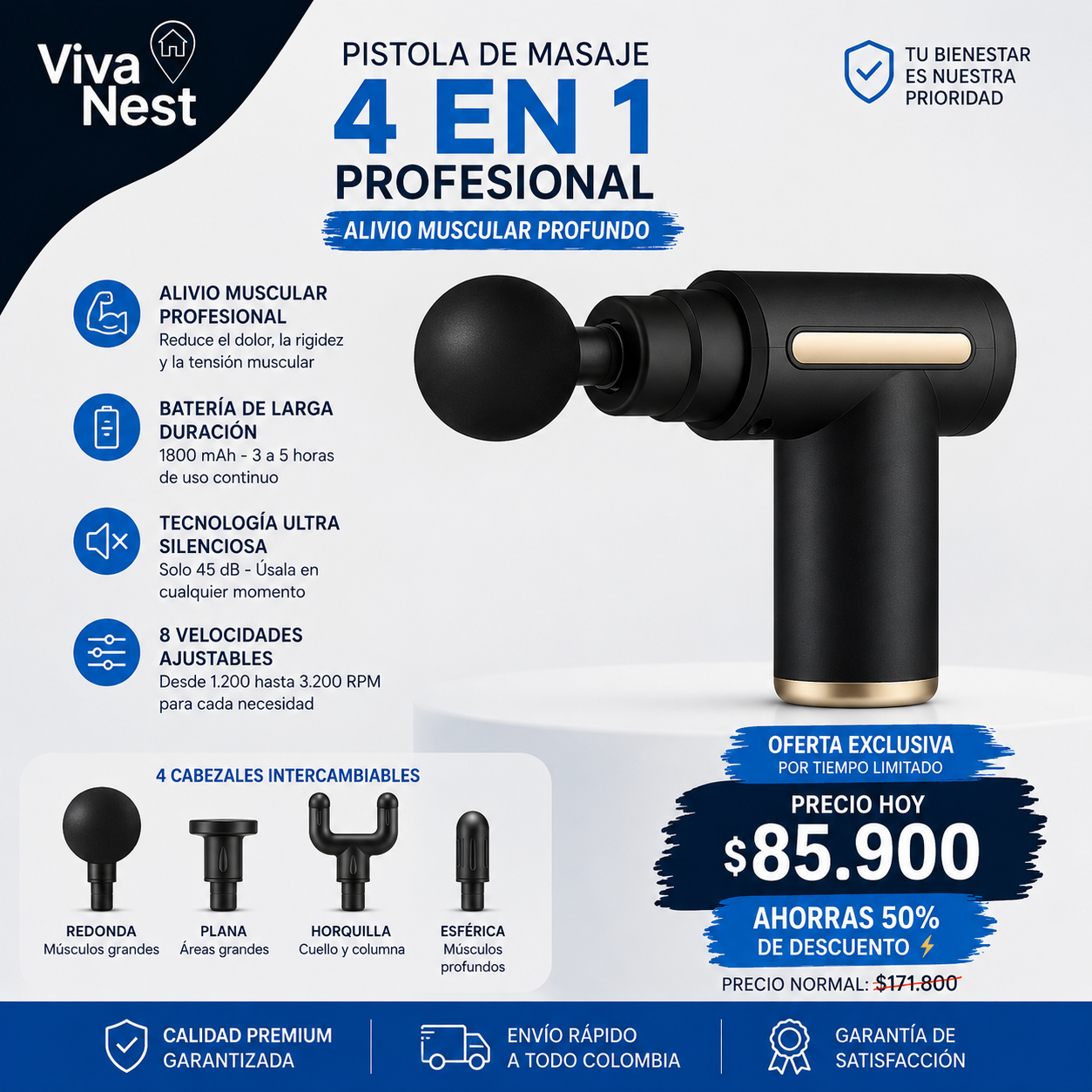 Pistola de Masaje de Percusión Profesional 4 en 1